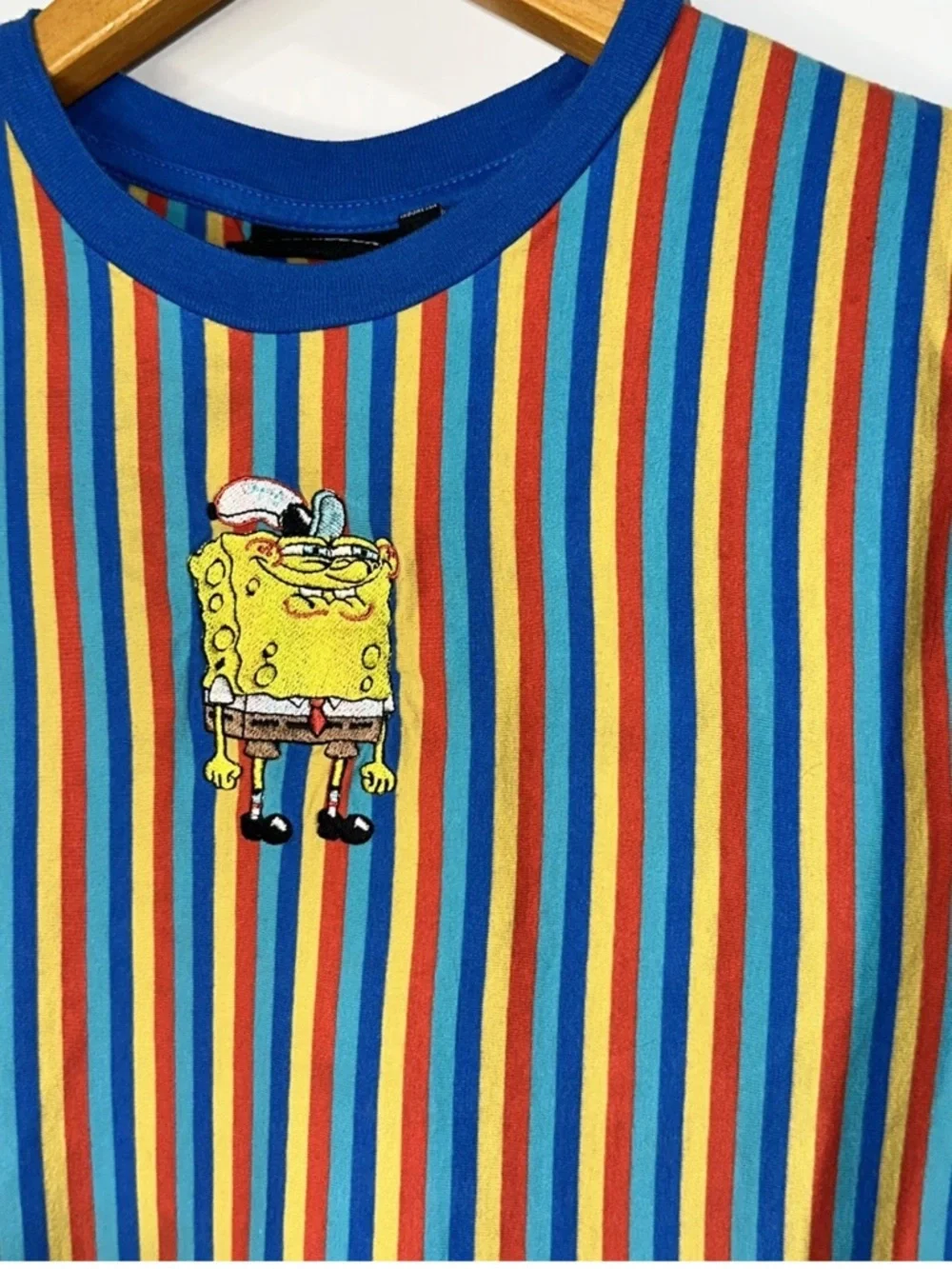 Nickelodeon SpongeBob SquarePants Striped T-Shirt M Colorful Cartoon Embroidered - Picture 1 of 8